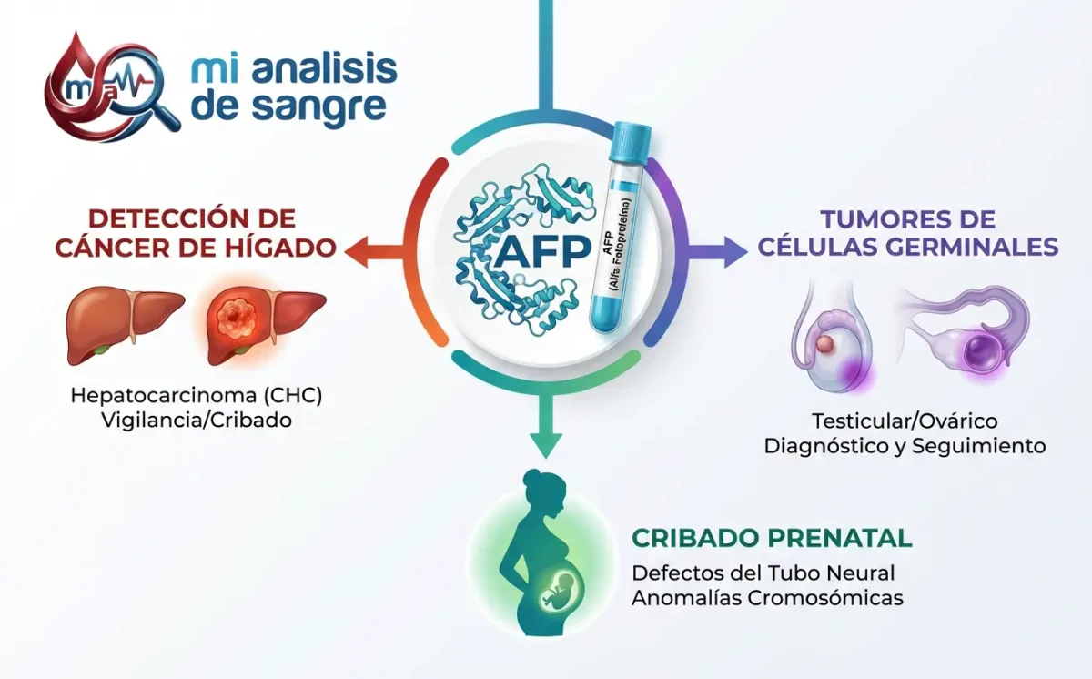Tubo y molécula de AFP en el centro con tres usos: cáncer de hígado, tumores de células germinales y cribado prenatal