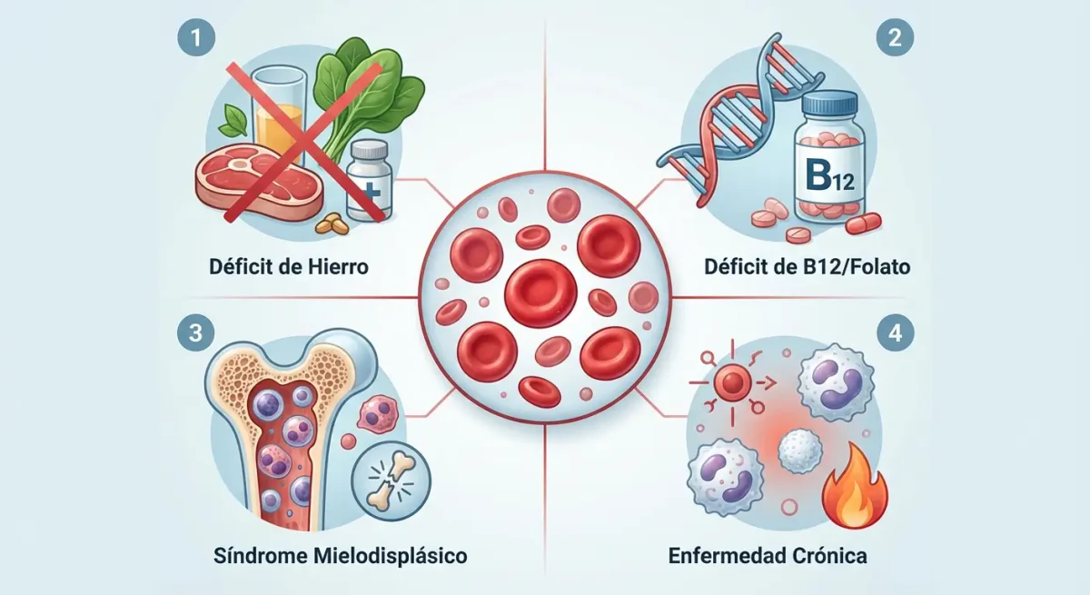 Causas de RDW alto en cuatro viñetas: déficit de hierro, de B12/folato, síndrome mielodisplásico y enfermedad crónica