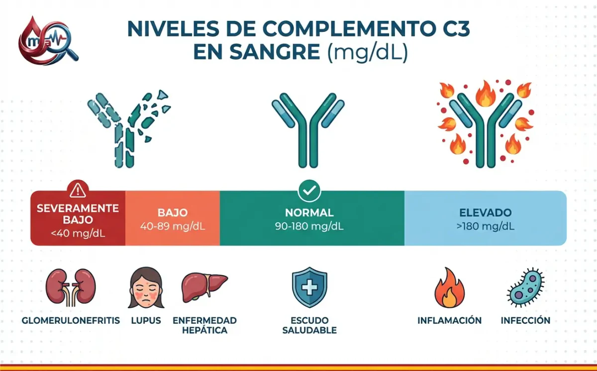 Barra del complemento C3 en mg/dL con bandas de severamente bajo a elevado y causas como lupus, nefritis o inflamación