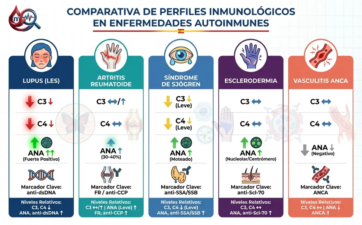 Cinco columnas de enfermedades autoinmunes, del lupus a la vasculitis ANCA, con flechas de C3, C4 y ANA y su marcador clave