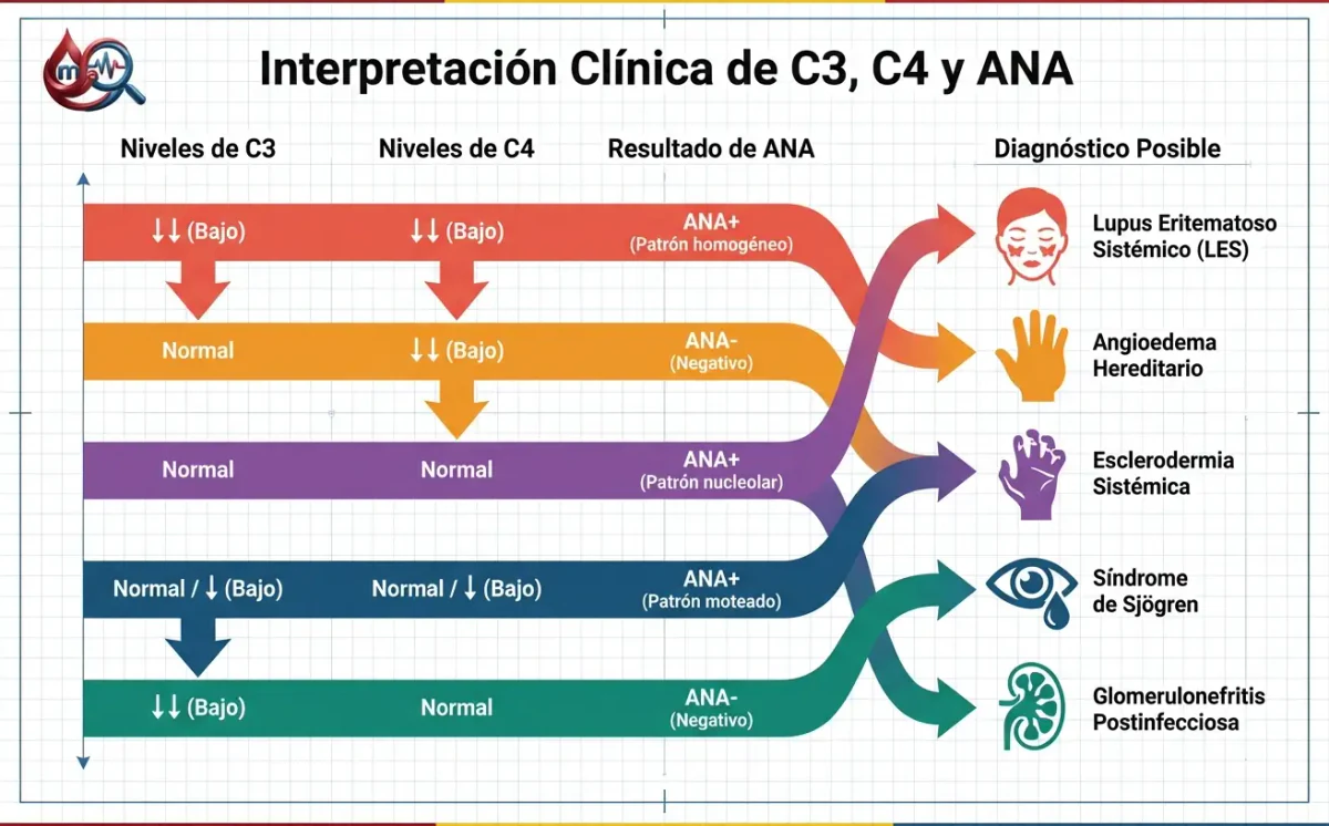 Patrones de C3, C4 y ANA en cinco filas que desembocan en lupus, angioedema, esclerodermia, Sjögren y glomerulonefritis