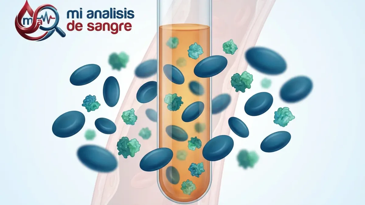 Tubo de ensayo con suero anaranjado y proteínas séricas verdes entre células sanguíneas azules sobre un vaso sanguíneo