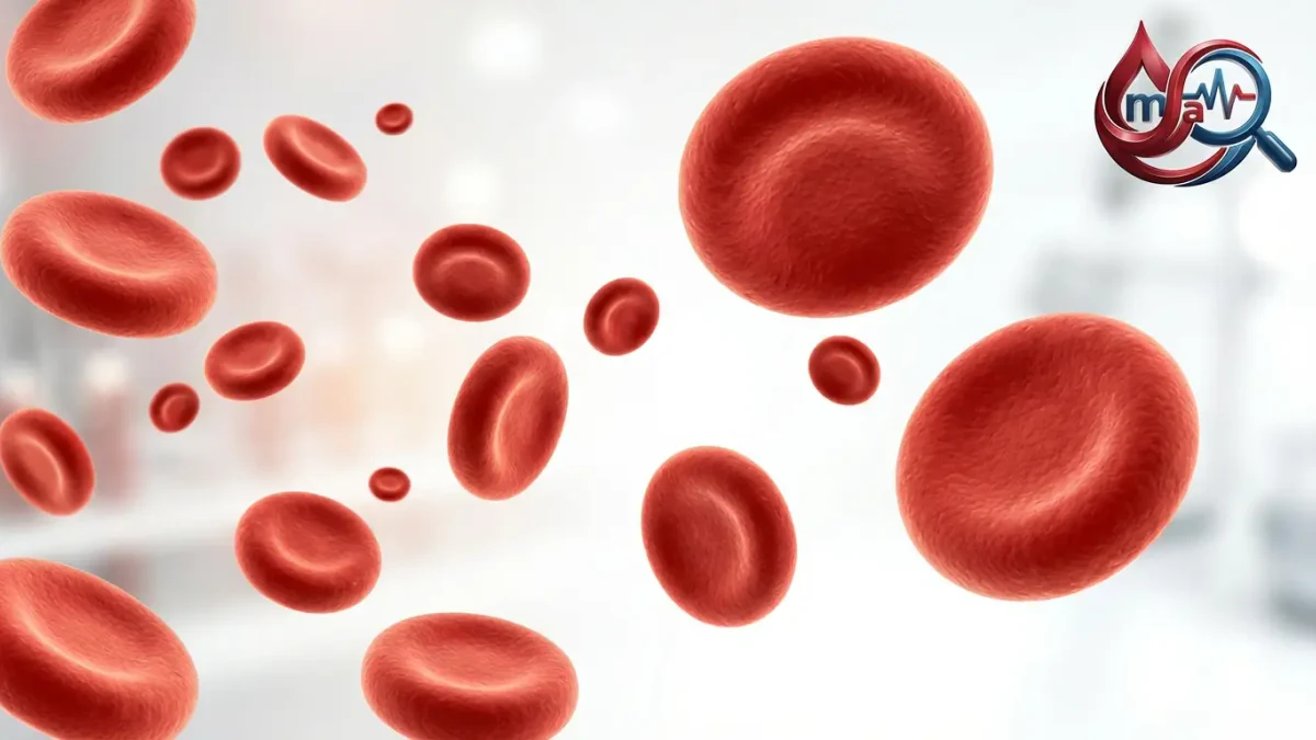 Glóbulos rojos de tamaños muy distintos, de diminutos a grandes, flotando sobre un fondo claro de laboratorio