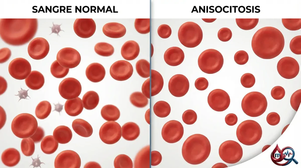 Dos paneles rotulados: sangre normal con glóbulos rojos de tamaño parecido y anisocitosis con glóbulos grandes y pequeños