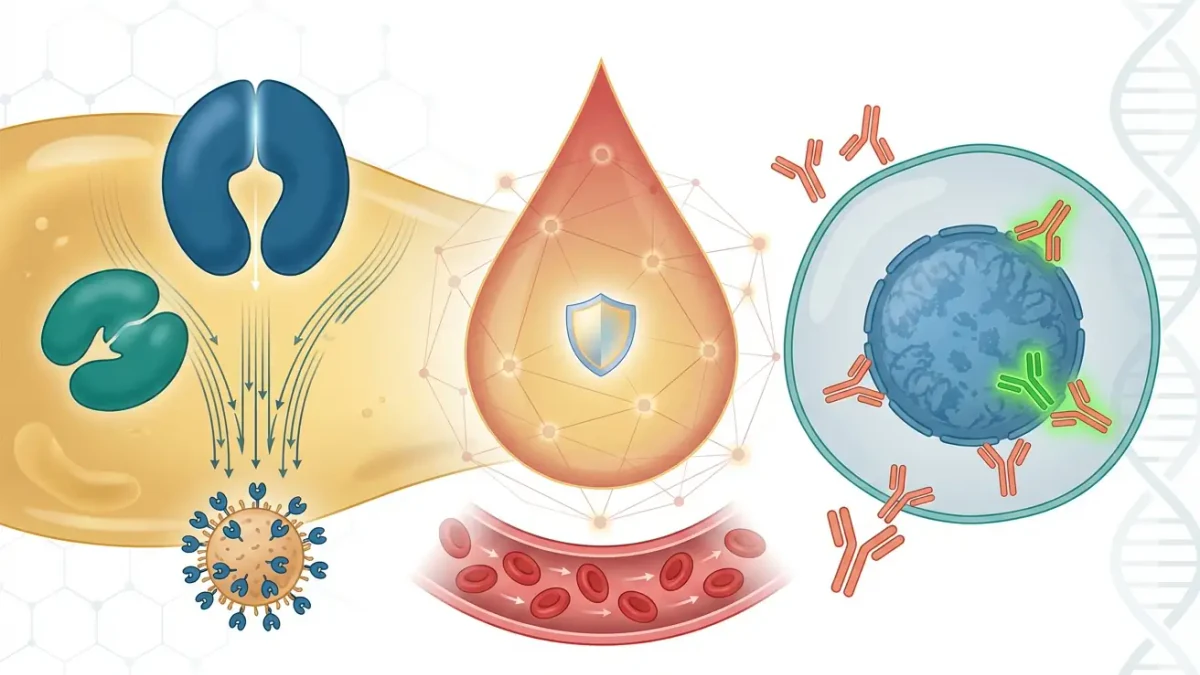 Sistema inmunitario ilustrado: flechas hacia un microbio, gota de sangre con escudo y anticuerpos en el núcleo de una célula